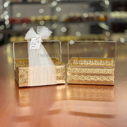 8" Square Gold Metal Handle Tray | TRG0016 | Small Gold Finish Metal Square Tray with Handles Under ₹300 | Stylish Hamper Serving Tray for Wedding, Festive & Return Gifts
