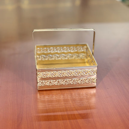 8" Square Gold Metal Handle Tray | TRG0016 | Small Gold Finish Metal Square Tray with Handles Under ₹300 | Stylish Hamper Serving Tray for Wedding, Festive & Return Gifts