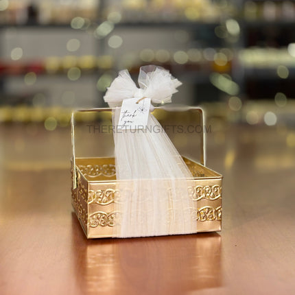 8" Square Gold Metal Handle Tray | TRG0016 | Small Gold Finish Metal Square Tray with Handles Under ₹300 | Stylish Hamper Serving Tray for Wedding, Festive & Return Gifts