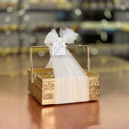 8" Square Gold Metal Handle Tray | TRG0016 | Small Gold Finish Metal Square Tray with Handles Under ₹300 | Stylish Hamper Serving Tray for Wedding, Festive & Return Gifts
