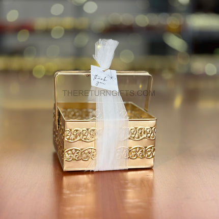 6" Square Gold Metal Handle Tray | TRG0015 | Mini Gold Finish Metal Square Decorative Tray for Dry Fruits & Hampers Under ₹250 | Elegant Wedding & Festive Return Gift Tray