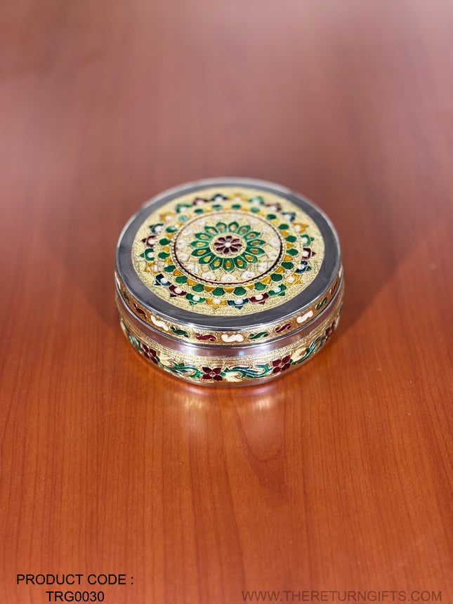 6" Meenakari Box | TRG0030 | 6 Inch Round Meenakari Stainless Steel Box Under ₹300 | Elegant Traditional Wedding & Housewarming Return Gift