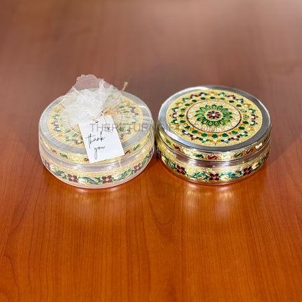 6" Meenakari Box | TRG0030 | 6 Inch Round Meenakari Stainless Steel Box Under ₹300 | Elegant Traditional Wedding, Pooja & Festive Return Gift