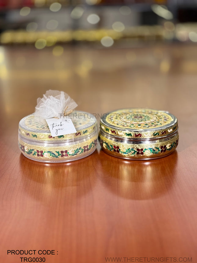 6" Meenakari Box | TRG0030 | 6 Inch Round Meenakari Stainless Steel Box Under ₹300 | Elegant Traditional Wedding, Pooja & Festive Return Gift