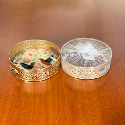 8" Printed Decorative Round Tray | TRG0009 | Colourful Printed Metal Round Gift Tray with Floral Designs Under ₹300 | Perfect Hamper & Wedding / Festive Return Gift Tray