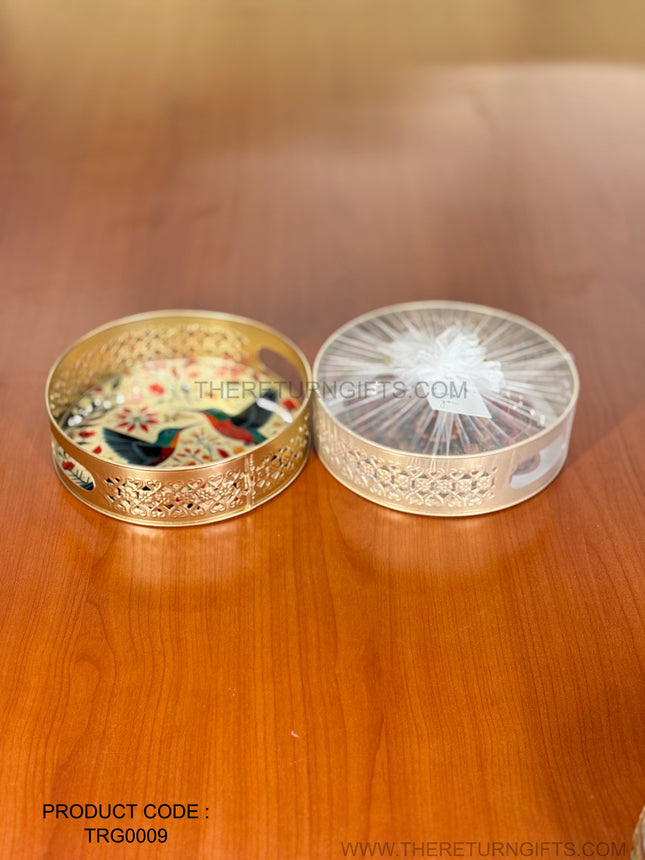 8" Printed Decorative Round Tray | TRG0009 | Colourful Printed Metal Round Gift Tray with Floral Designs Under ₹300 | Perfect Hamper & Wedding / Festive Return Gift Tray