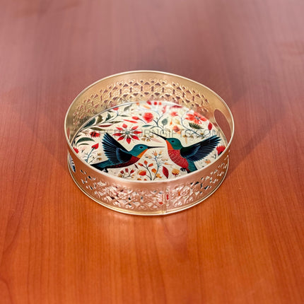 8" Printed Decorative Round Tray | TRG0009 | Colourful Printed Metal Round Gift Tray with Floral Designs Under ₹300 | Perfect Hamper & Wedding / Festive Return Gift Tray