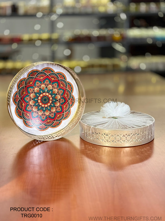 10" Printed Round Tray | TRG0010 | Decorative Printed Round Serving Gift Tray with Floral Designs Under ₹400 | Perfect Hamper & Wedding Festive Return Gift Tray