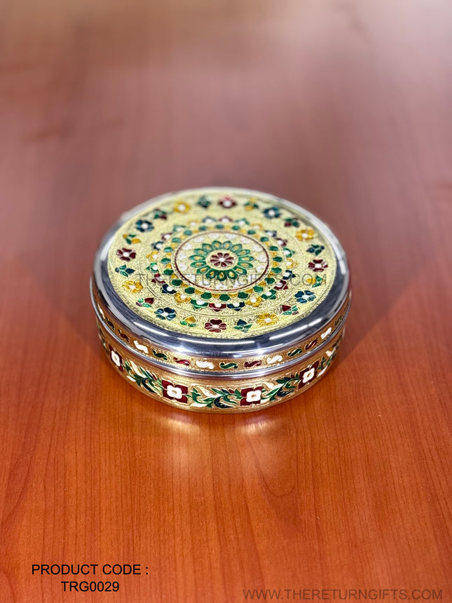 8" Meenakari Box | TRG0029 | 8 Inch Round Meenakari Stainless Steel Box Under ₹400 | Traditional Wedding & Housewarming Return Gift
