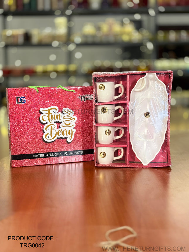 Fun Berry 4 Cups with 1 Leaf Platter | TRG0042 | Premium Ceramic Cup & Leaf Platter Snack Serving Set Under ₹200 | Stylish Tea & Dessert Gift Set for Festivals, Weddings Return Gifts