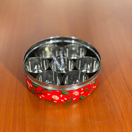 Printed Stainless Steel Spice Box | TRG0075 | Decorative Steel Masala Dabba with Inner Containers & Spoon Under ₹1200 | Daily Use Kitchen Organizer & Wedding Return Gift
