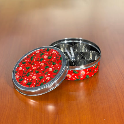Printed Stainless Steel Spice Box | TRG0075 | Decorative Steel Masala Dabba with Inner Containers & Spoon Under ₹1200 | Daily Use Kitchen Organizer & Wedding Return Gift