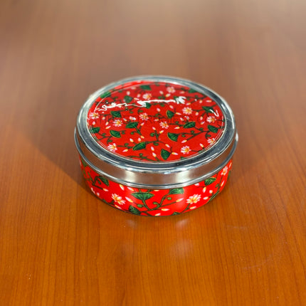 Printed Stainless Steel Spice Box | TRG0075 | Decorative Steel Masala Dabba with Inner Containers & Spoon Under ₹1200 | Daily Use Kitchen Organizer & Wedding Return Gift