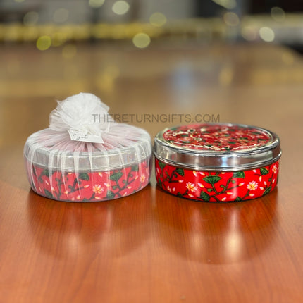 Printed Stainless Steel Spice Box | TRG0075 | Decorative Steel Masala Dabba with Inner Containers & Spoon Under ₹1200 | Daily Use Kitchen Organizer & Wedding Return Gift