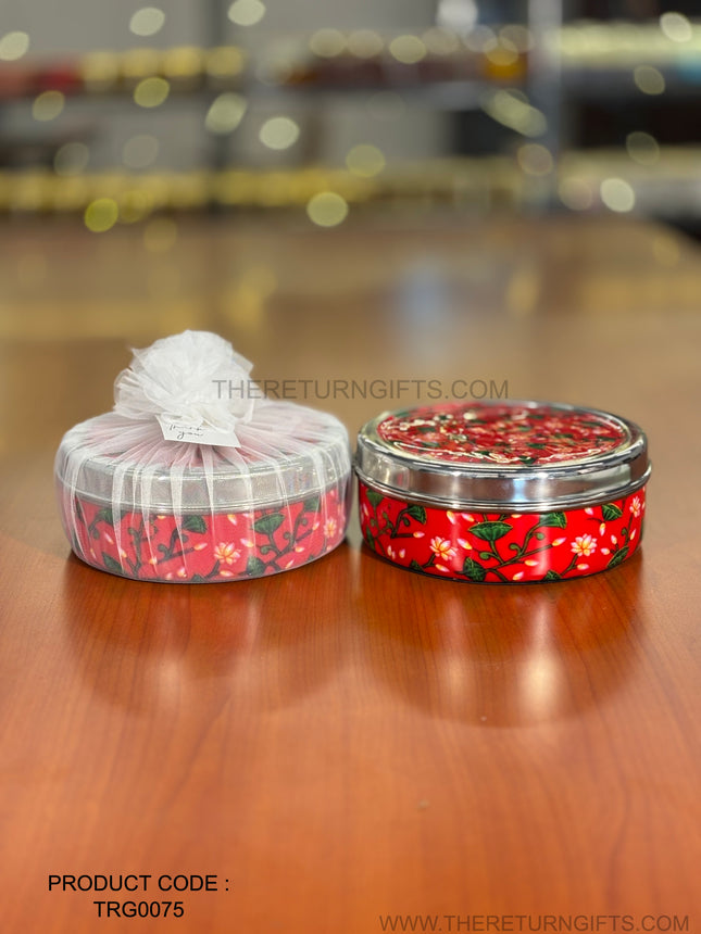 Printed Stainless Steel Spice Box | TRG0075 | Decorative Steel Masala Dabba with Inner Containers & Spoon Under ₹1200 | Daily Use Kitchen Organizer & Wedding Return Gift