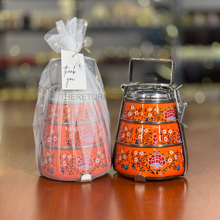 3‑Tier Orange Floral Printed Stainless Steel Tiffin Carrier | TRG0101 | Hand‑Painted 3 Layer Steel Lunch Box Under ₹1000 | Wedding & Housewarming Return Gift