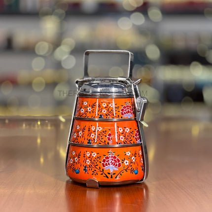 3‑Tier Orange Floral Printed Stainless Steel Tiffin Carrier | TRG0101 | Hand‑Painted 3 Layer Steel Lunch Box Under ₹1000 | Wedding & Housewarming Return Gift