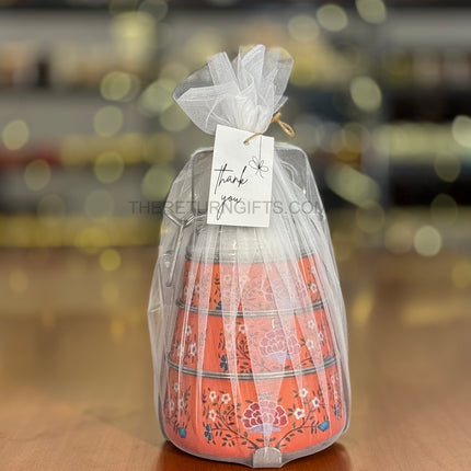 3‑Tier Orange Floral Printed Stainless Steel Tiffin Carrier | TRG0101 | Hand‑Painted 3 Layer Steel Lunch Box Under ₹1000 | Wedding & Housewarming Return Gift