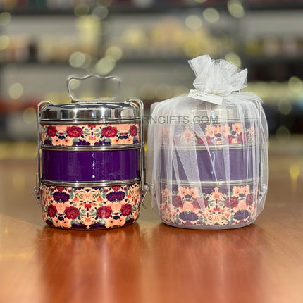 3‑Tier Floral Printed Stainless Steel Tiffin Carrier | TRG0074 | Hand‑Painted 3 Layer Steel Lunch Box Under ₹1000 | Wedding & Housewarming Return Gift