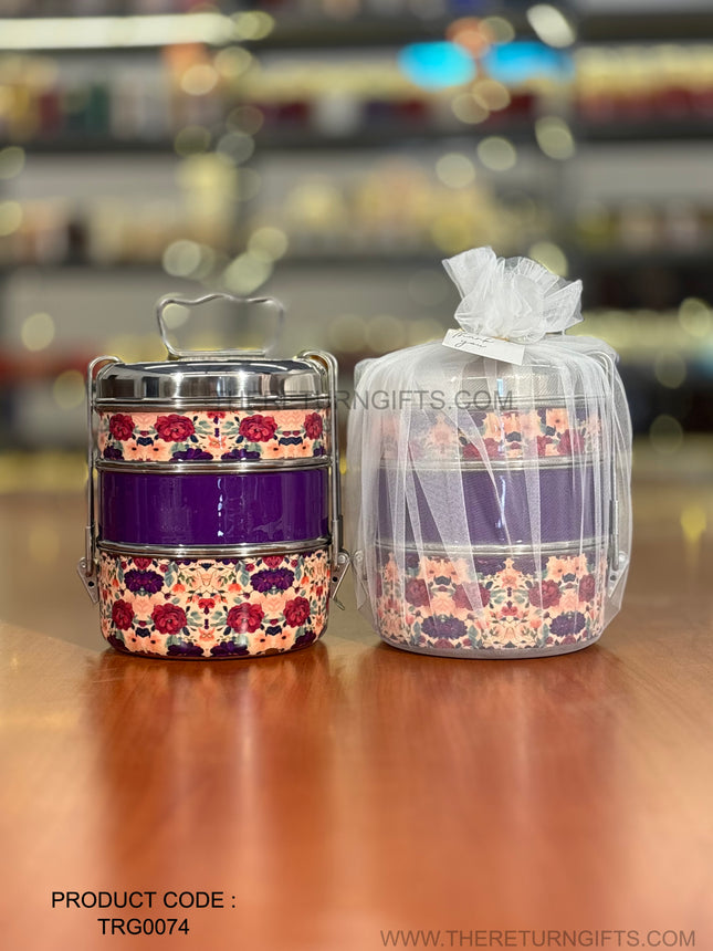3‑Tier Floral Printed Stainless Steel Tiffin Carrier | TRG0074 | Hand‑Painted 3 Layer Steel Lunch Box Under ₹1000 | Stylish Office, Picnic & Wedding Return Gift Dabba