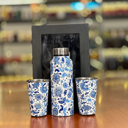 Floral Stainless Steel Bottle with 2 Tumblers | TRG0076 | Printed Steel Water Bottle with Matching Glass Set Under ₹900 | Elegant Drinkware Gift Set for Wedding Return Gifts