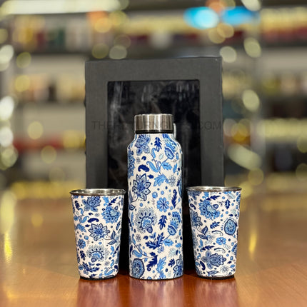 Floral Stainless Steel Bottle with 2 Tumblers | TRG0076 | Printed Steel Water Bottle with Matching Glass Set Under ₹900 | Elegant Drinkware Gift Set for Wedding Return Gifts