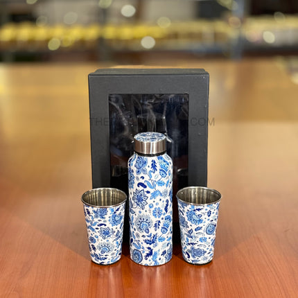 Floral Stainless Steel Bottle with 2 Tumblers | TRG0076 | Printed Steel Water Bottle with Matching Glass Set Under ₹900 | Elegant Drinkware Gift Set for Wedding Return Gifts