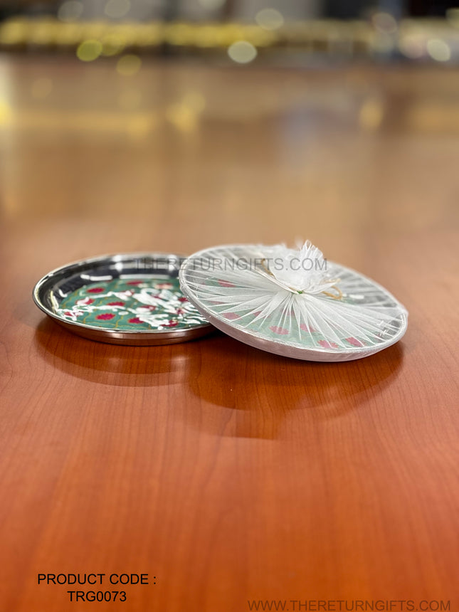 Printed Stainless Steel Plate | TRG0073 | Decorative Printed Steel Dinner / Pooja Plate Under ₹300 | Meenakari Style Steel Plate for Wedding & Festive Return Gifts