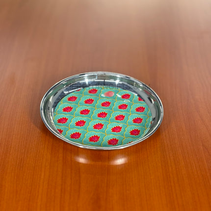 Printed Stainless Steel Plate | TRG0073 | Decorative Printed Steel Dinner / Pooja Plate Under ₹300 | Meenakari Style Steel Plate for Wedding & Festive Return Gifts