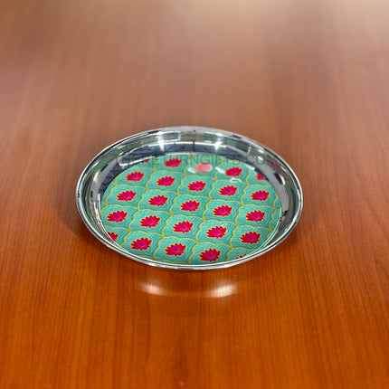 Printed Stainless Steel Plate | TRG0073 | Decorative Printed Steel Dinner / Pooja Plate Under ₹300 | Meenakari Style Steel Plate for Wedding & Festive Return Gifts