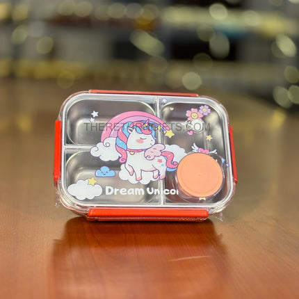 Kids Unicorn Stainless Steel Lunch Box | TRG0094 | Leak‑Proof Unicorn Theme Tiffin with 3 Compartments & Spoon for School Kids Under ₹600