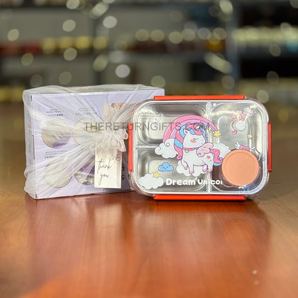 Kids Unicorn Stainless Steel Lunch Box | TRG0094 | Leak‑Proof Unicorn Theme Tiffin with 3 Compartments & Spoon for School Kids Under ₹600