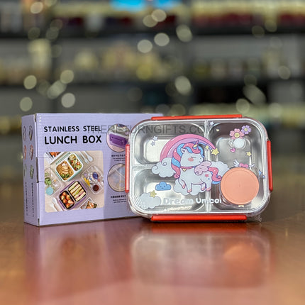 Kids Unicorn Stainless Steel Lunch Box | TRG0094 | Leak‑Proof Unicorn Theme Tiffin with 3 Compartments & Spoon for School Kids Under ₹600
