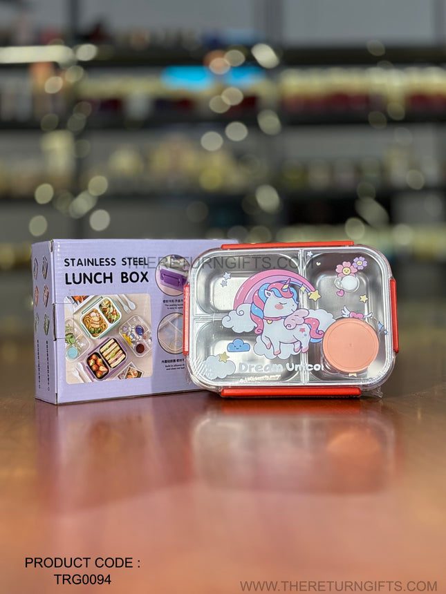 Kids Unicorn Stainless Steel Lunch Box | TRG0094 | Leak‑Proof Unicorn Theme Tiffin with 3 Compartments & Spoon for School Kids Under ₹600