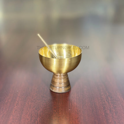 Brass Dessert Bowl with Wooden Base & Spoon | TRG0083 | Premium Brass Dessert Bowl on Wooden Stand with Spoon Under ₹800 | Elegant Serving Bowl & Wedding Return Gift