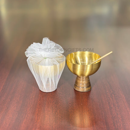 Brass Dessert Bowl with Wooden Base & Spoon | TRG0083 | Premium Brass Dessert Bowl on Wooden Stand with Spoon Under ₹800 | Elegant Serving Bowl & Wedding Return Gift