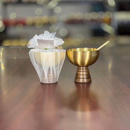 Brass Dessert Bowl with Wooden Base & Spoon | TRG0083 | Premium Brass Dessert Bowl on Wooden Stand with Spoon Under ₹800 | Elegant Serving Bowl & Wedding Return Gift