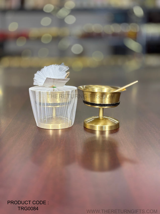 Brass Dessert Bowl Stone Work with Spoon | TRG0084 | Stone‑Studded Brass Dessert Bowl & Spoon Gift Set Under ₹800 | Elegant Sweet Serving Bowl for Wedding & Festive Return Gifts