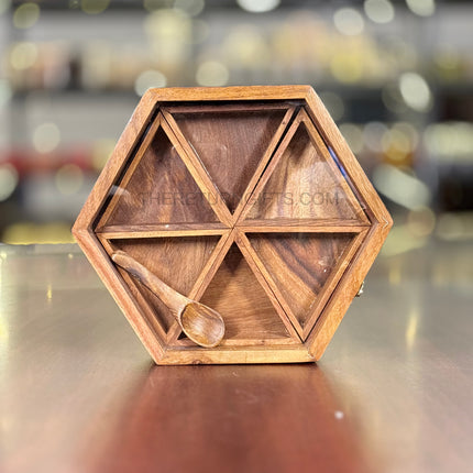 Hexagon Wooden Spice Box with Spoon | TRG0044 | Handcrafted Hexagonal Masala Dabba with Compartments Under ₹600 | Premium Wedding & Housewarming Return Gift