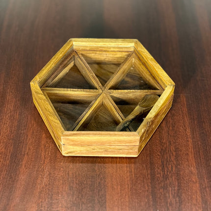 Hexagon Wooden Spice Box with Spoon | TRG0044 | Handcrafted Hexagonal Masala Dabba with Compartments Under ₹600 | Premium Wedding & Housewarming Return Gift