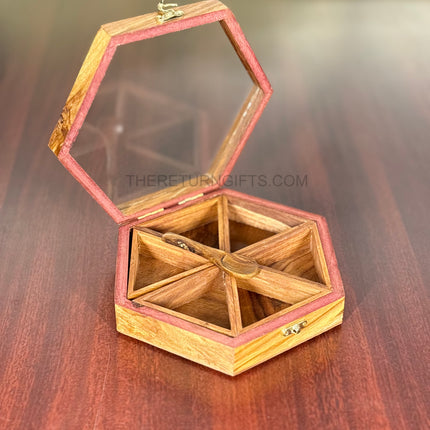 Hexagon Wooden Spice Box with Spoon | TRG0044 | Handcrafted Hexagonal Masala Dabba with Compartments Under ₹600 | Premium Wedding & Housewarming Return Gift