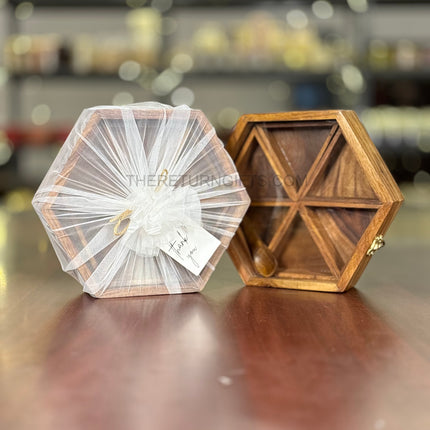 Hexagon Wooden Spice Box with Spoon | TRG0044 | Handcrafted Hexagonal Masala Dabba with Compartments Under ₹600 | Premium Wedding & Housewarming Return Gift