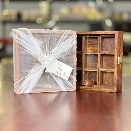 Wooden Spice Box with 9 Square Bowls & Spoon | TRG0045 | Compact 9‑Compartment Masala Dabba Kitchen Organizer Under ₹800 | Traditional Wedding & Housewarming Return Gift