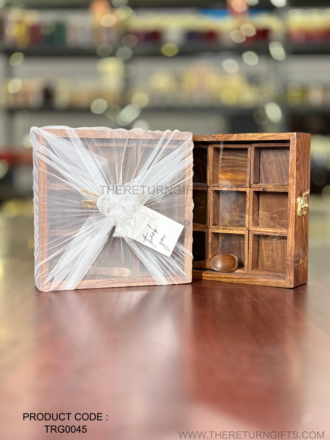 Wooden Spice Box with 9 Square Bowls & Spoon | TRG0045 | Compact 9‑Compartment Masala Dabba Kitchen Organizer Under ₹800 | Traditional Wedding & Housewarming Return Gift