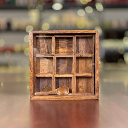 Wooden Spice Box with 9 Square Bowls & Spoon | TRG0045 | Compact 9‑Compartment Masala Dabba Kitchen Organizer Under ₹800 | Traditional Wedding & Housewarming Return Gift
