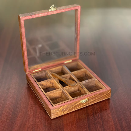 Wooden Spice Box with 9 Square Bowls & Spoon | TRG0045 | Compact 9‑Compartment Masala Dabba Kitchen Organizer Under ₹800 | Traditional Wedding & Housewarming Return Gift