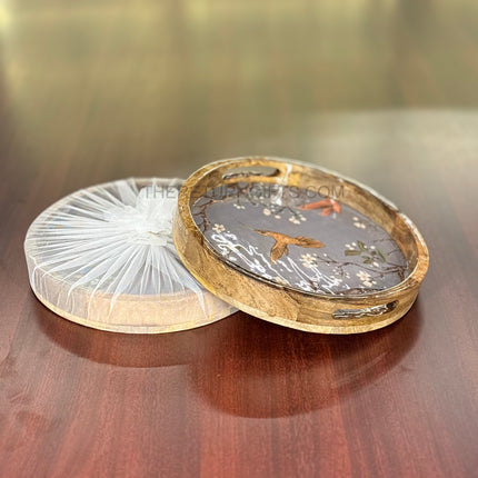 Wooden Printed Circular Tray with Handle | TRG0053 | Round Printed Wooden Serving Tray for Snacks & Tea Under ₹900 | Elegant Wedding & Housewarming Return Gift
