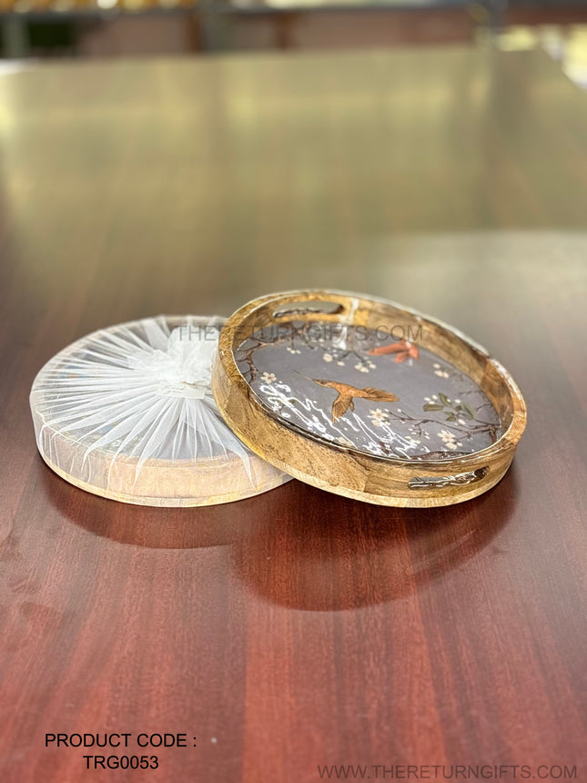 Wooden Printed Circular Tray with Handle | TRG0053 | Round Printed Wooden Serving Tray for Snacks & Tea Under ₹900 | Elegant Wedding & Housewarming Return Gift