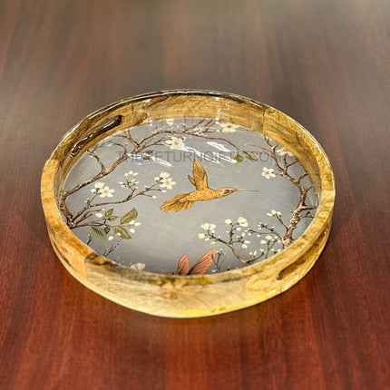 Wooden Printed Circular Tray with Handle | TRG0053 | Round Printed Wooden Serving Tray for Snacks & Tea Under ₹900 | Elegant Wedding & Housewarming Return Gift