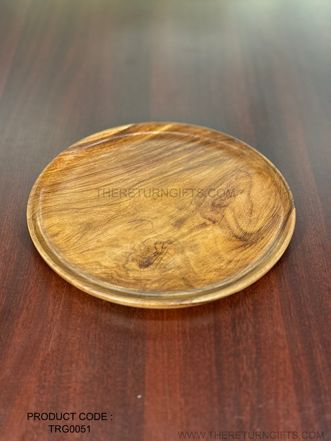 Wooden Round Serving Plate | TRG0051 | Round Wooden Platter for Snacks & Desserts Under ₹700 | Rustic Table Serving Plate & Return Gift